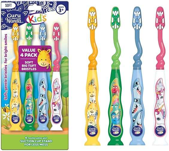 GuruNanda Kids Toothbrush with Suction Cup & Fun Animal Designs - Soft Bristles for Healthy Gums- Non-Slippery & Mess-Free Toothbrush, 3+ Age- 4 Count - Image 1