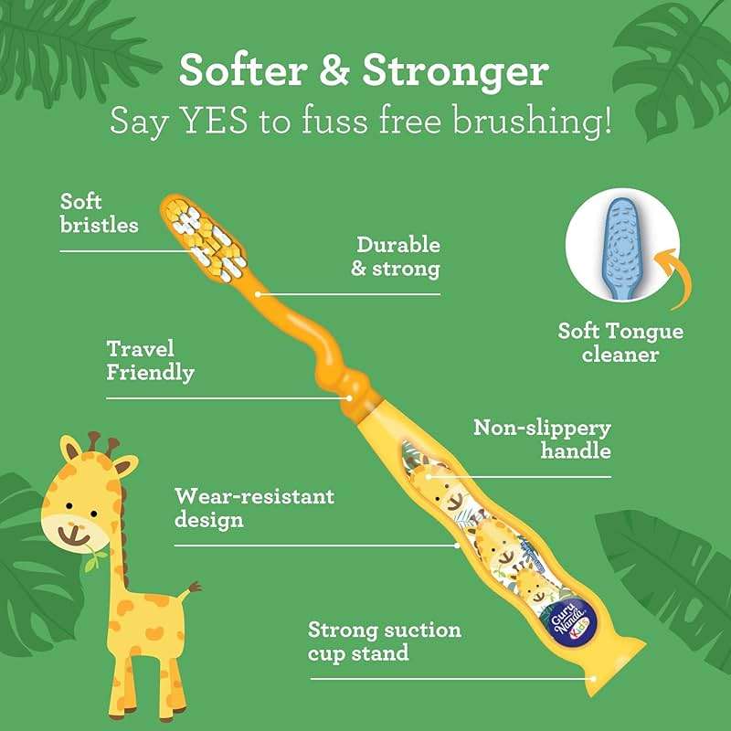 GuruNanda Kids Toothbrush with Suction Cup & Fun Animal Designs - Soft Bristles for Healthy Gums- Non-Slippery & Mess-Free Toothbrush, 3+ Age- 4 Count - Image 2