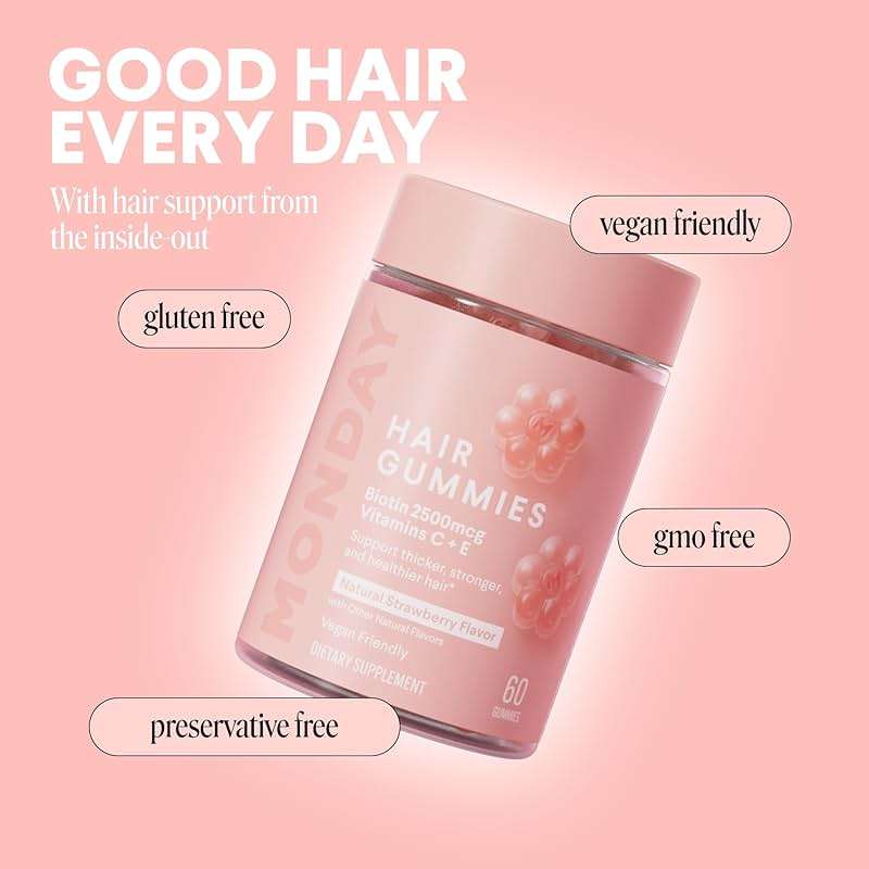 MONDAY HAIRCARE Hair Gummies with 2500 mcg Biotin, Vitamin C & Vitiman E for Thicker, Stronger and Healthier Hair 60ct - Image 6