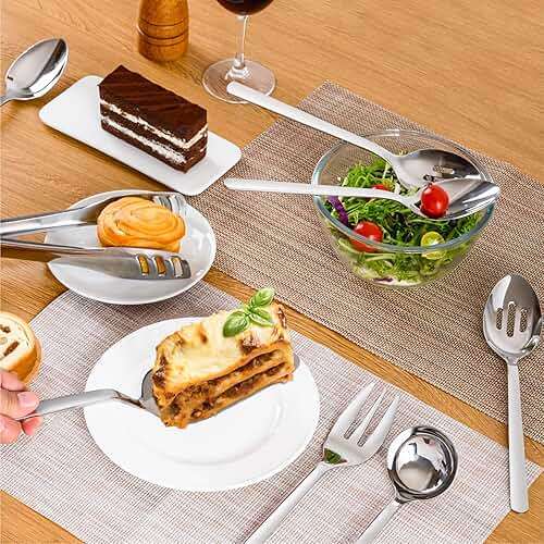 KINGSTONE Large Hostess Serving Utensils Set, 18/10 Stainless Steel Heavy Duty 10-inch Serving Utensils, Slotted Spoons, Forks, Tongs, Cake Pie Server for Buffet, Wedding, Party - Image 2