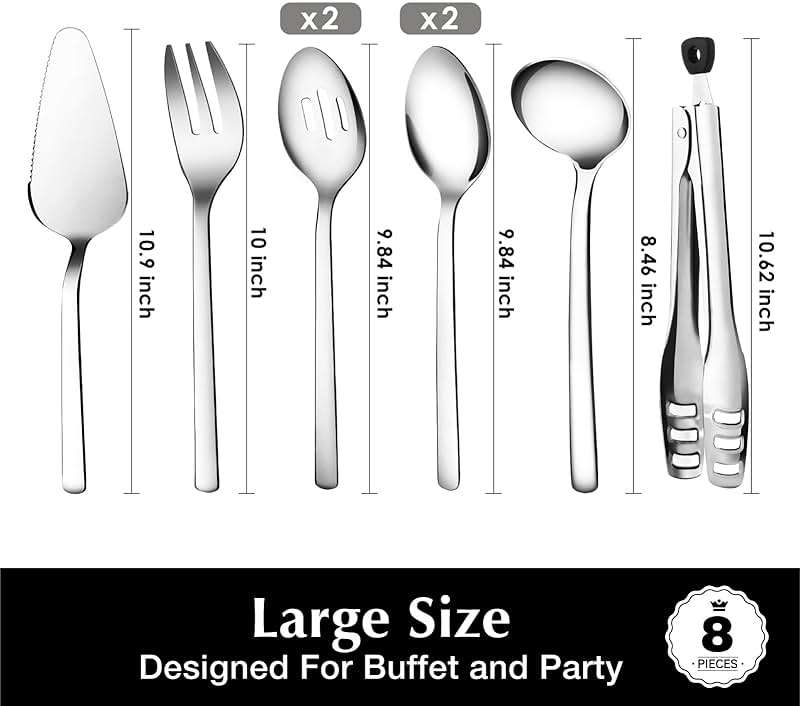 KINGSTONE Large Hostess Serving Utensils Set, 18/10 Stainless Steel Heavy Duty 10-inch Serving Utensils, Slotted Spoons, Forks, Tongs, Cake Pie Server for Buffet, Wedding, Party - Image 3
