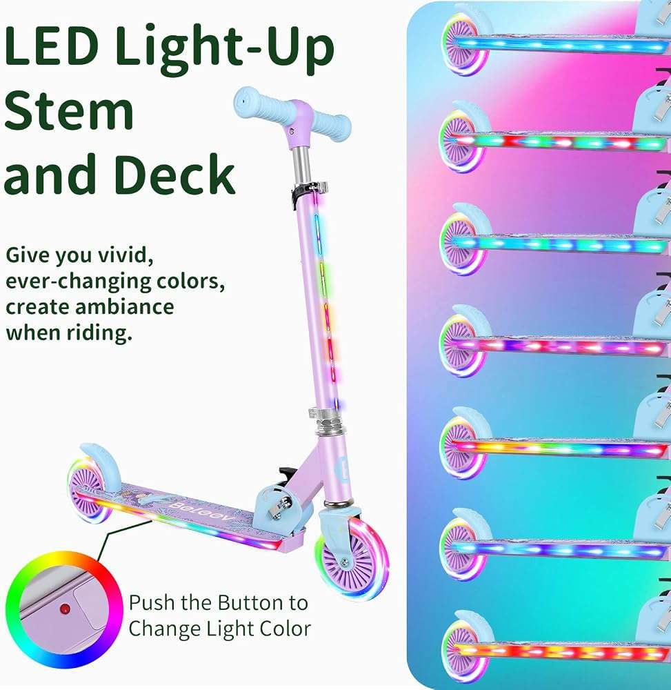 BELEEV V2 Scooters for Kids with Light-Up Wheels & Stem & Deck, 2 Wheel Folding Scooter for Girls Boys, 3 Adjustable Height, Non-Slip Pattern Deck, Lightweight Kick Scooter for Children Ages 3-12 - Image 3