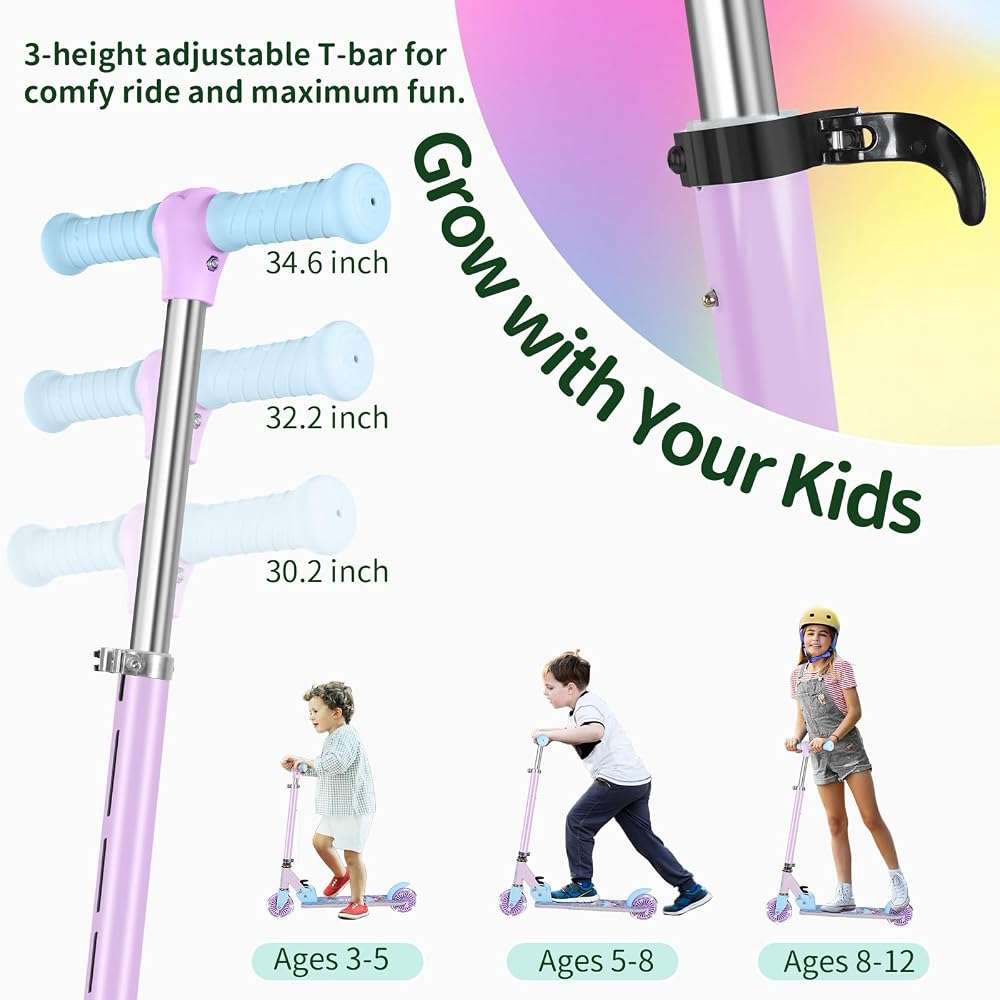 BELEEV V2 Scooters for Kids with Light-Up Wheels & Stem & Deck, 2 Wheel Folding Scooter for Girls Boys, 3 Adjustable Height, Non-Slip Pattern Deck, Lightweight Kick Scooter for Children Ages 3-12 - Image 4