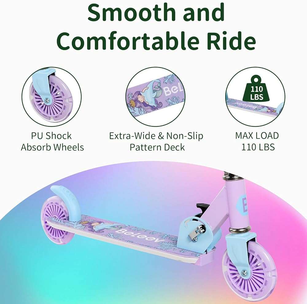 BELEEV V2 Scooters for Kids with Light-Up Wheels & Stem & Deck, 2 Wheel Folding Scooter for Girls Boys, 3 Adjustable Height, Non-Slip Pattern Deck, Lightweight Kick Scooter for Children Ages 3-12 - Image 5