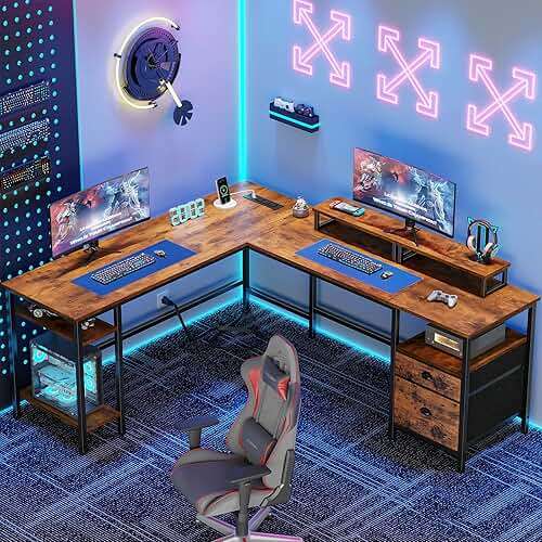 Furologee 66” L Shaped Desk with Power Outlet, Reversible Home Office Desk with File Drawer, 2 Monitor Stands, Storage Shelves, Corner Computer Table for Gaming, Writing, Rustic Brown - Image 2