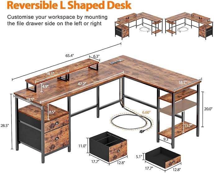 Furologee 66” L Shaped Desk with Power Outlet, Reversible Home Office Desk with File Drawer, 2 Monitor Stands, Storage Shelves, Corner Computer Table for Gaming, Writing, Rustic Brown - Image 3