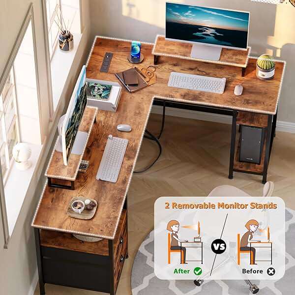 Furologee 66” L Shaped Desk with Power Outlet, Reversible Home Office Desk with File Drawer, 2 Monitor Stands, Storage Shelves, Corner Computer Table for Gaming, Writing, Rustic Brown - Image 4