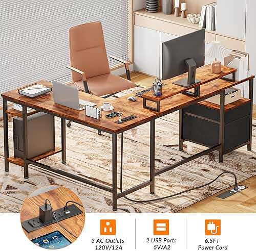 Furologee 66” L Shaped Desk with Power Outlet, Reversible Home Office Desk with File Drawer, 2 Monitor Stands, Storage Shelves, Corner Computer Table for Gaming, Writing, Rustic Brown - Image 5