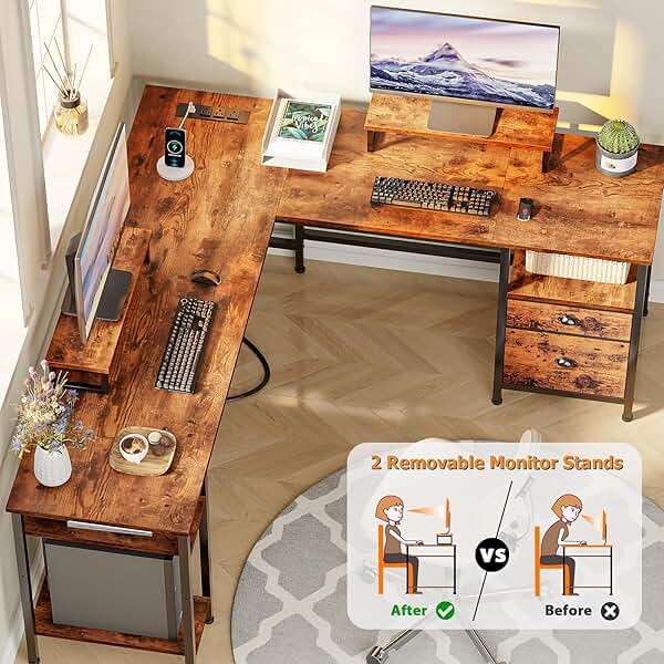 Furologee 66” L Shaped Desk with Power Outlet, Reversible Home Office Desk with File Drawer, 2 Monitor Stands, Storage Shelves, Corner Computer Table for Gaming, Writing, Rustic Brown - Image 6