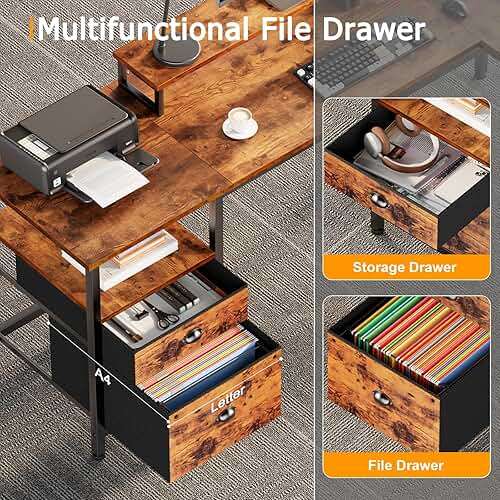 Furologee 66” L Shaped Desk with Power Outlet, Reversible Home Office Desk with File Drawer, 2 Monitor Stands, Storage Shelves, Corner Computer Table for Gaming, Writing, Rustic Brown - Image 7