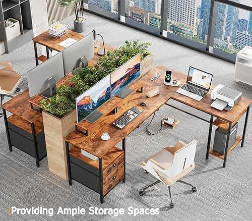 Furologee 66” L Shaped Desk with Power Outlet, Reversible Home Office Desk with File Drawer, 2 Monitor Stands, Storage Shelves, Corner Computer Table for Gaming, Writing, Rustic Brown - Image 8