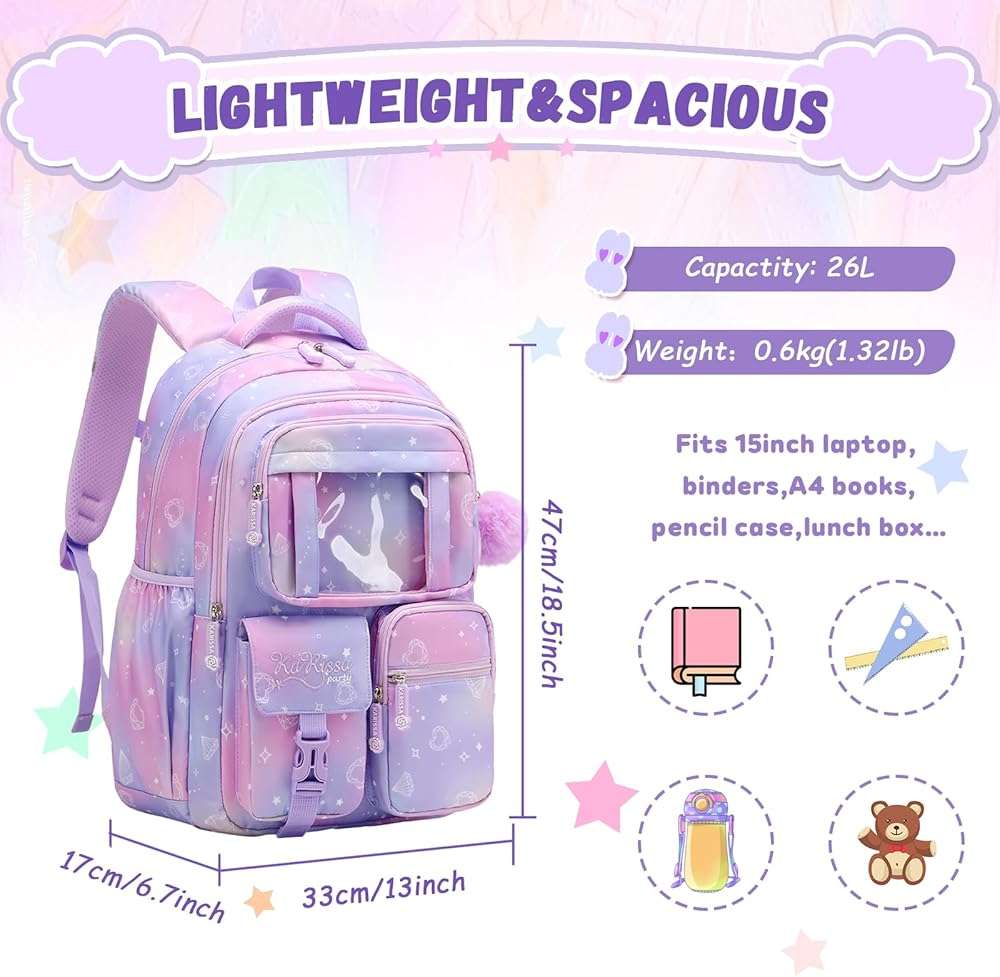 PIG PIG GIRL Kids Backpack for Girls - School Bags for Middle School Students - Book Bag for Elementary Primary - Kawaii Ita Backpack - Purple - Image 2