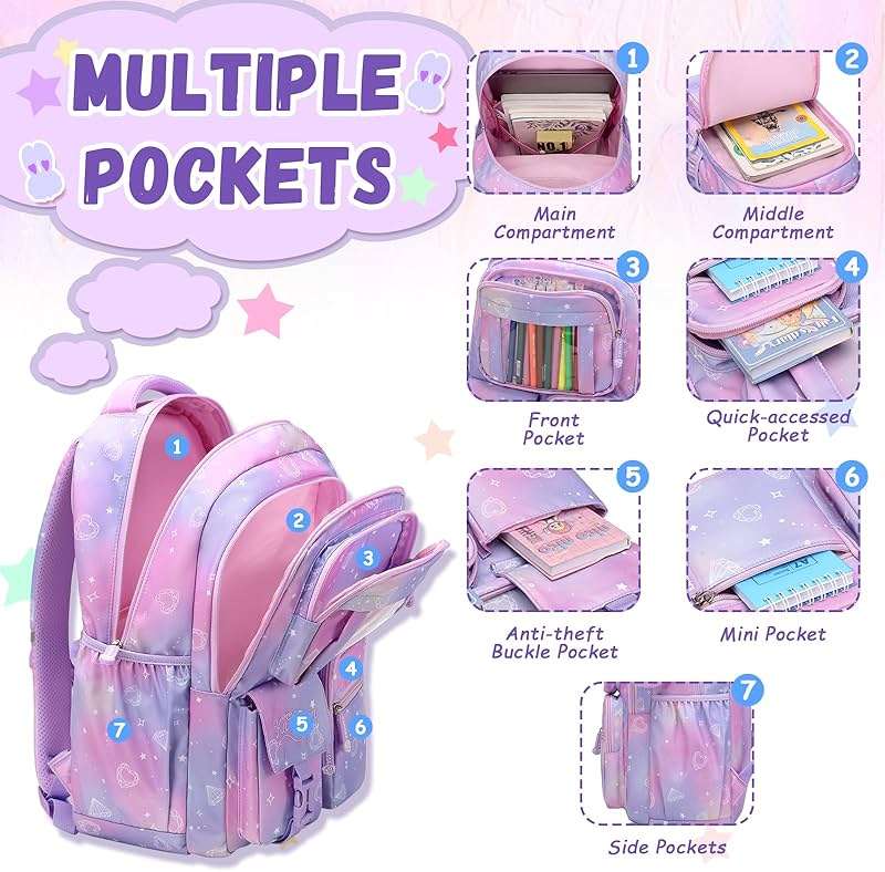 PIG PIG GIRL Kids Backpack for Girls - School Bags for Middle School Students - Book Bag for Elementary Primary - Kawaii Ita Backpack - Purple - Image 3