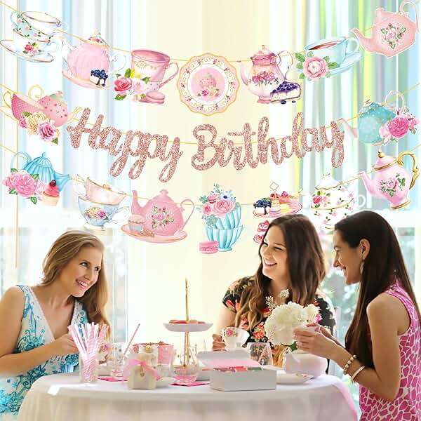 Tea Party Birthday Banner Rose Gold Tea Themed Happy Birthday Banners Floral Mother's Day Party Decoration Teapot Cutout Banner for Afternoon Tea Baby Shower Supplies - Image 2