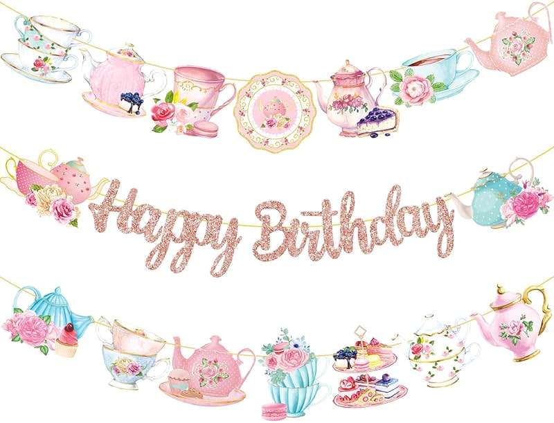 Tea Party Birthday Banner Rose Gold Tea Themed Happy Birthday Banners Floral Mother's Day Party Decoration Teapot Cutout Banner for Afternoon Tea Baby Shower Supplies - Image 3