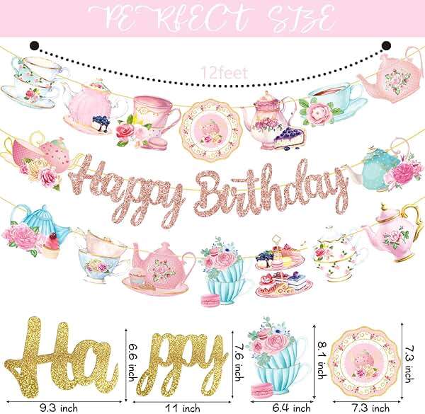 Tea Party Birthday Banner Rose Gold Tea Themed Happy Birthday Banners Floral Mother's Day Party Decoration Teapot Cutout Banner for Afternoon Tea Baby Shower Supplies - Image 4