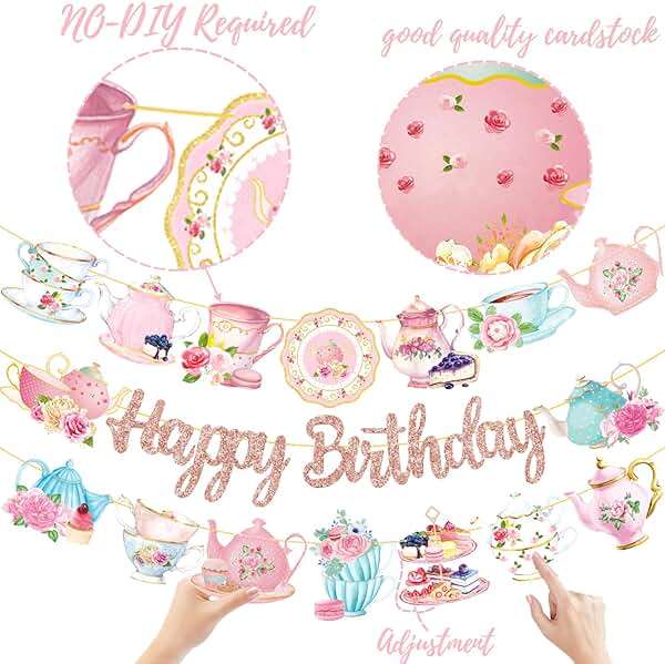 Tea Party Birthday Banner Rose Gold Tea Themed Happy Birthday Banners Floral Mother's Day Party Decoration Teapot Cutout Banner for Afternoon Tea Baby Shower Supplies - Image 5