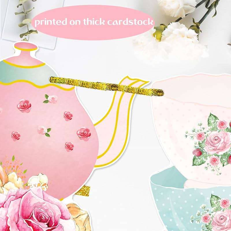 Tea Party Birthday Banner Rose Gold Tea Themed Happy Birthday Banners Floral Mother's Day Party Decoration Teapot Cutout Banner for Afternoon Tea Baby Shower Supplies - Image 6