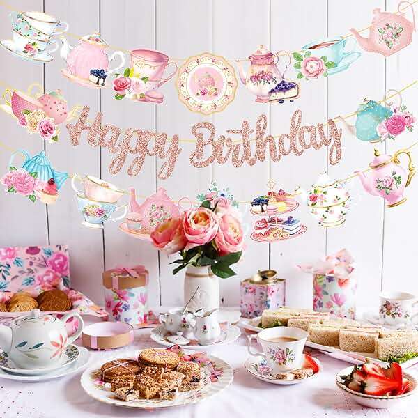 Tea Party Birthday Banner Rose Gold Tea Themed Happy Birthday Banners Floral Mother's Day Party Decoration Teapot Cutout Banner for Afternoon Tea Baby Shower Supplies - Image 8