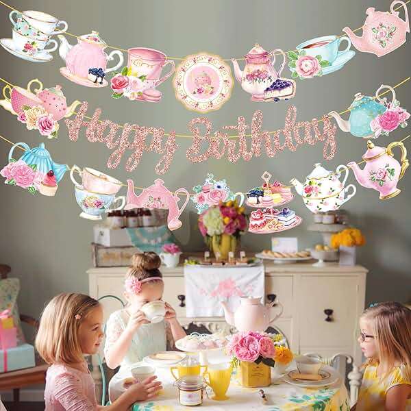 Tea Party Birthday Banner Rose Gold Tea Themed Happy Birthday Banners Floral Mother's Day Party Decoration Teapot Cutout Banner for Afternoon Tea Baby Shower Supplies - Image 9