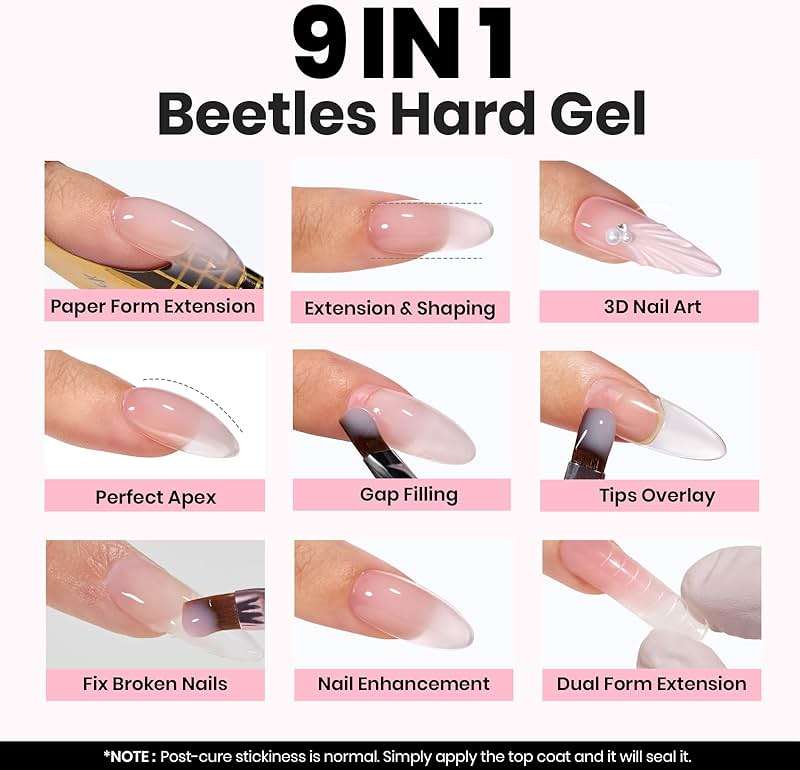 Beetles Builder Gel for Nails-3 Colors 9 in 1 Nail Extension Sculpting Building,Clear Nude Pink Hard Gel Kit with Base Top Coat for Pros,Gifts for Women,UV & LED Lamp Cured Needed - Image 3