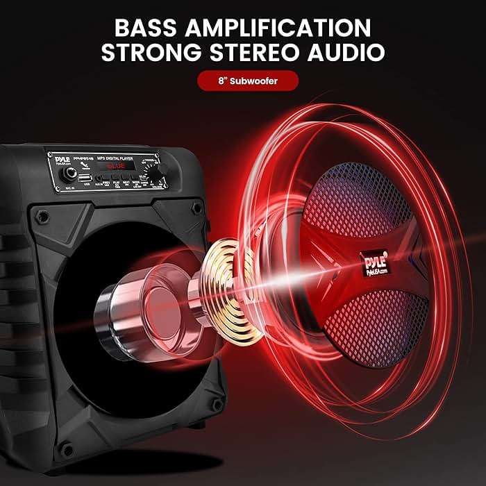 Pyle Portable Bluetooth PA Speaker System, 300W Rechargeable Outdoor Bluetooth Speaker Portable PA System w/ 8” Subwoofer, AUX, Microphone in, Party Lights, MP3/USB, Radio, Remote - Image 2