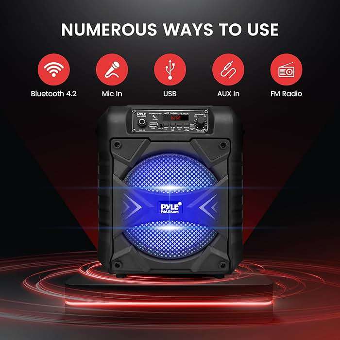 Pyle Portable Bluetooth PA Speaker System, 300W Rechargeable Outdoor Bluetooth Speaker Portable PA System w/ 8” Subwoofer, AUX, Microphone in, Party Lights, MP3/USB, Radio, Remote - Image 3