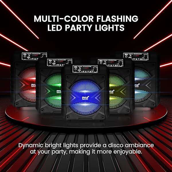 Pyle Portable Bluetooth PA Speaker System, 300W Rechargeable Outdoor Bluetooth Speaker Portable PA System w/ 8” Subwoofer, AUX, Microphone in, Party Lights, MP3/USB, Radio, Remote - Image 4