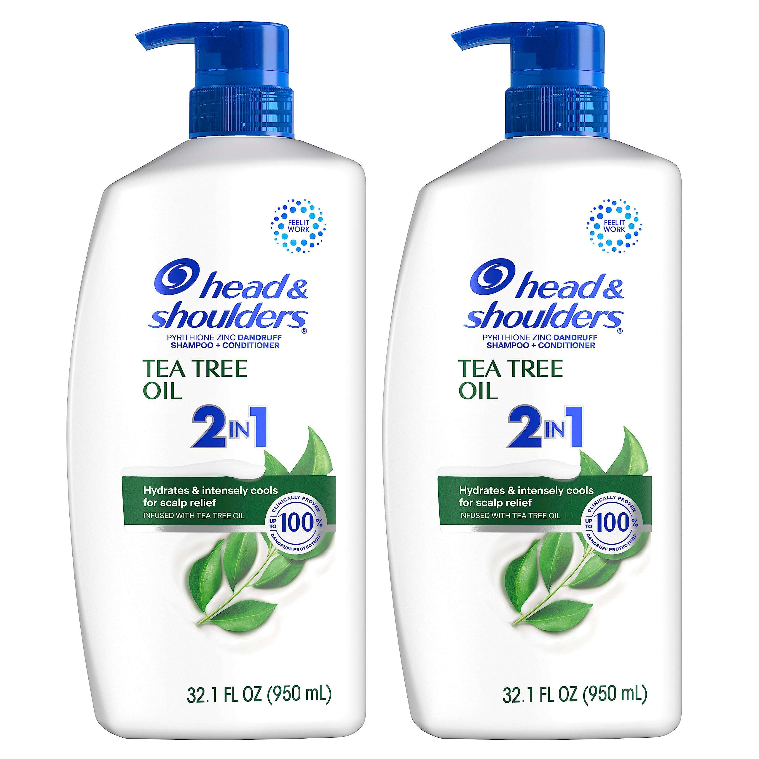 Head & Shoulders Anti-Dandruff Shampoo and Conditioner with 1% Pyrithione Zinc, Tea Tree Oil 2-in-1 Twin Pack, Tea Tree Shampoo with Cooling, Refreshed Scalp, 32.1 fl oz Each - Image 1