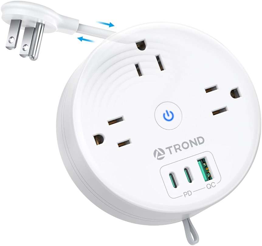 TROND 20W USB C Travel Power Strip - Retractable Extension Cord 5ft Ultra Thin Flat Plug, Power Strip with 3 AC Outlets and USB C Fast Charging, Cruise Ship Essentials, for Home Hotel Dorm Room, White - Image 1