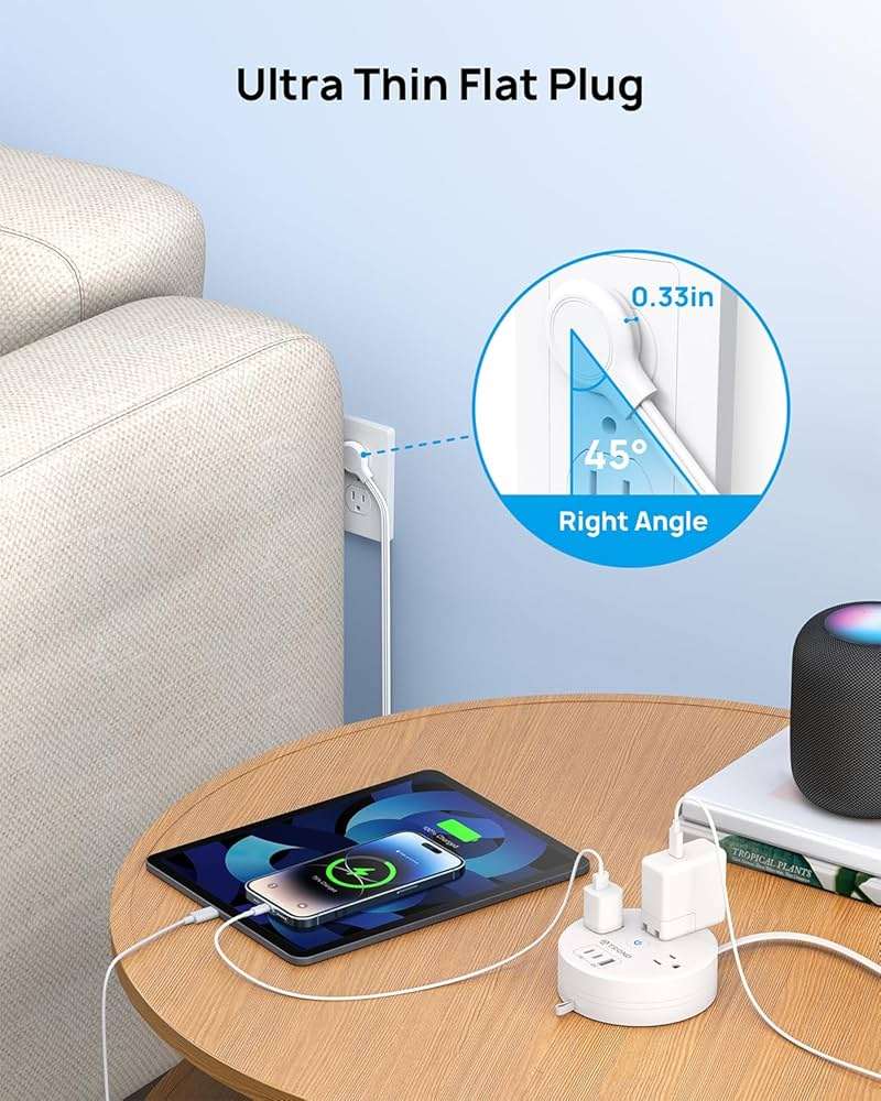 TROND 20W USB C Travel Power Strip - Retractable Extension Cord 5ft Ultra Thin Flat Plug, Power Strip with 3 AC Outlets and USB C Fast Charging, Cruise Ship Essentials, for Home Hotel Dorm Room, White - Image 4