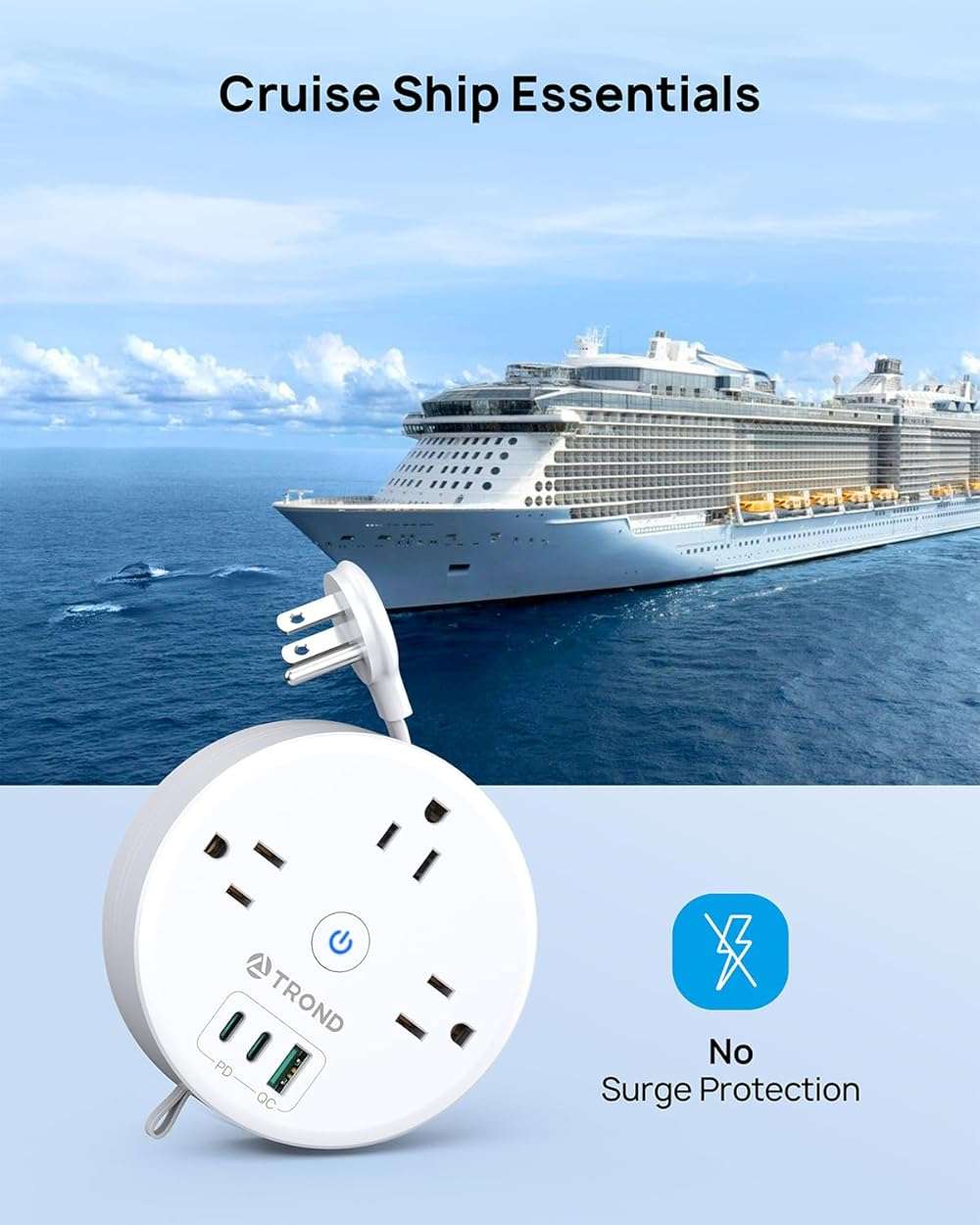 TROND 20W USB C Travel Power Strip - Retractable Extension Cord 5ft Ultra Thin Flat Plug, Power Strip with 3 AC Outlets and USB C Fast Charging, Cruise Ship Essentials, for Home Hotel Dorm Room, White - Image 5
