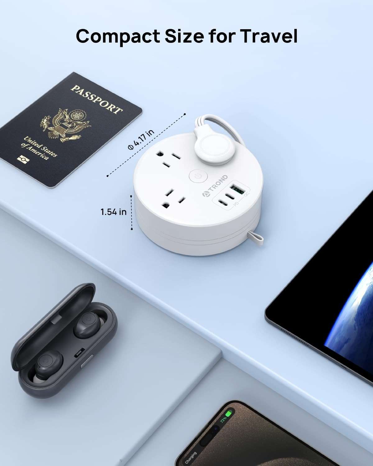TROND 20W USB C Travel Power Strip - Retractable Extension Cord 5ft Ultra Thin Flat Plug, Power Strip with 3 AC Outlets and USB C Fast Charging, Cruise Ship Essentials, for Home Hotel Dorm Room, White - Image 6