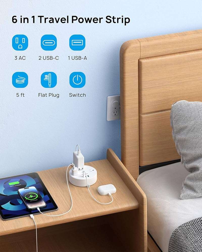 TROND 20W USB C Travel Power Strip - Retractable Extension Cord 5ft Ultra Thin Flat Plug, Power Strip with 3 AC Outlets and USB C Fast Charging, Cruise Ship Essentials, for Home Hotel Dorm Room, White - Image 7
