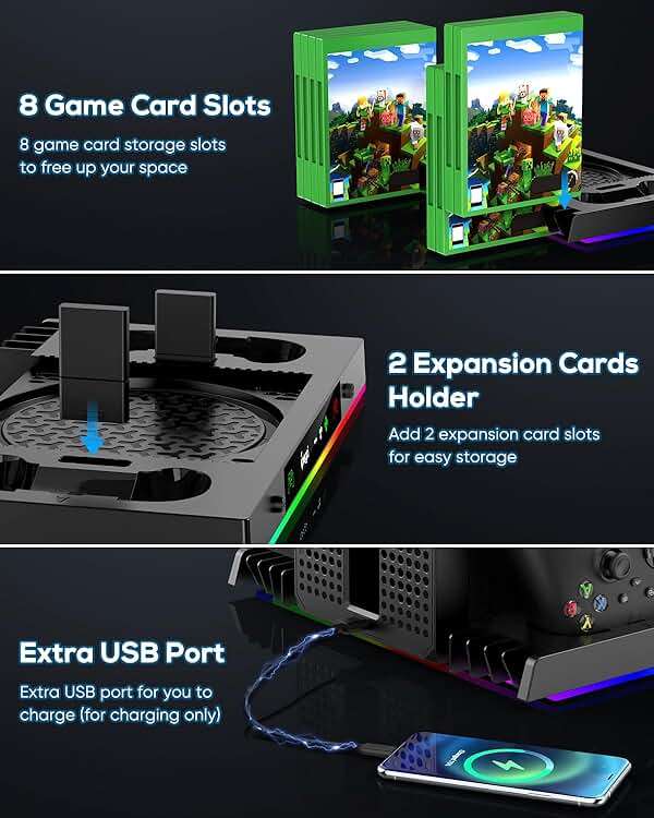 MENEEA Upgraded Cooling Fan Charging Station for Xbox Series X Console & Controller, Dual Charger Dock & Cooler System Stand with 15 Colorful Lights for Xbox Series X Accessories Kit - Image 7