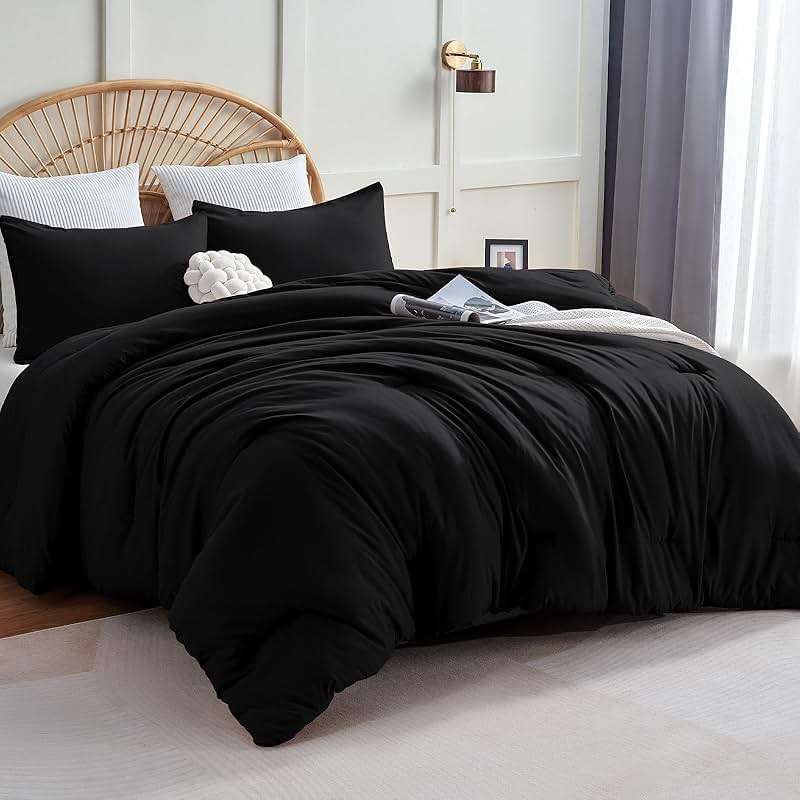 CozyLux Queen Comforter Set Black, 3 Pieces Lightweight Comforters Queen Size Quilted Bedding Sets, All Season Breathable Solid Down Alternative Comforter with 2 Pillowcases, Bed Set Gift for Home - Image 1