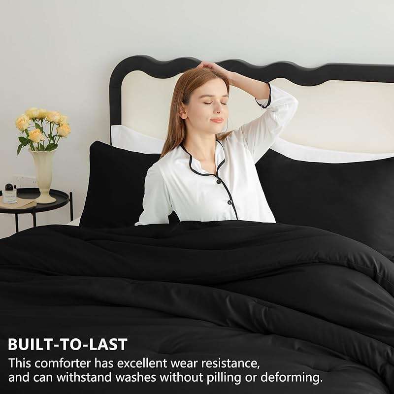 CozyLux Queen Comforter Set Black, 3 Pieces Lightweight Comforters Queen Size Quilted Bedding Sets, All Season Breathable Solid Down Alternative Comforter with 2 Pillowcases, Bed Set Gift for Home - Image 2