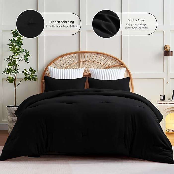CozyLux Queen Comforter Set Black, 3 Pieces Lightweight Comforters Queen Size Quilted Bedding Sets, All Season Breathable Solid Down Alternative Comforter with 2 Pillowcases, Bed Set Gift for Home - Image 3