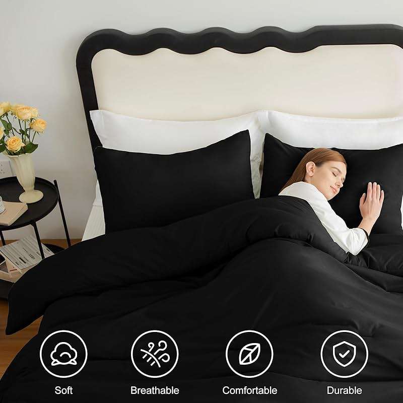 CozyLux Queen Comforter Set Black, 3 Pieces Lightweight Comforters Queen Size Quilted Bedding Sets, All Season Breathable Solid Down Alternative Comforter with 2 Pillowcases, Bed Set Gift for Home - Image 4