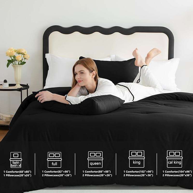 CozyLux Queen Comforter Set Black, 3 Pieces Lightweight Comforters Queen Size Quilted Bedding Sets, All Season Breathable Solid Down Alternative Comforter with 2 Pillowcases, Bed Set Gift for Home - Image 6