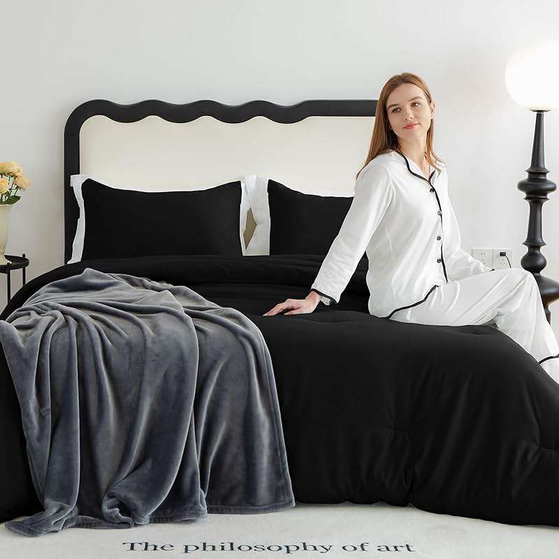 CozyLux Queen Comforter Set Black, 3 Pieces Lightweight Comforters Queen Size Quilted Bedding Sets, All Season Breathable Solid Down Alternative Comforter with 2 Pillowcases, Bed Set Gift for Home - Image 9