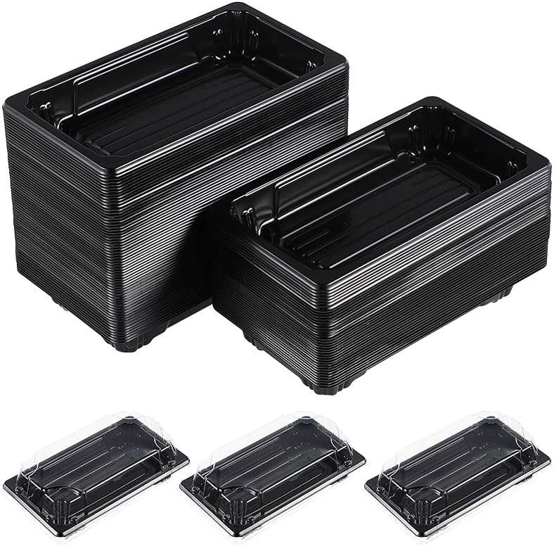 DOITOOL 100PCS Small with Clear Lid, Black Sushi Trays With Lids, Disposable Sushi Packaging Box, Black Plastic To Go Containers, Entrees, Appetizers Or Dessert - Image 1