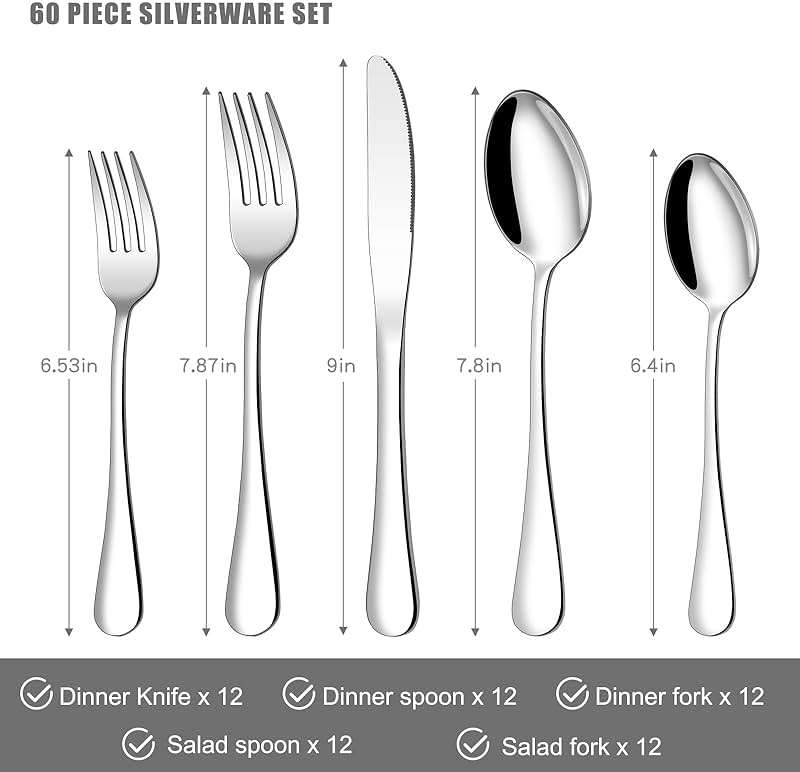 60 Piece Silverware Set for 12, Stainless Steel Flatware Set Tableware Set Inculde Forks Knives Spoons, Mirror Polished Cutlery Set for Home Kitchen and Restaurant Party, Dishwasher Safe - Image 2