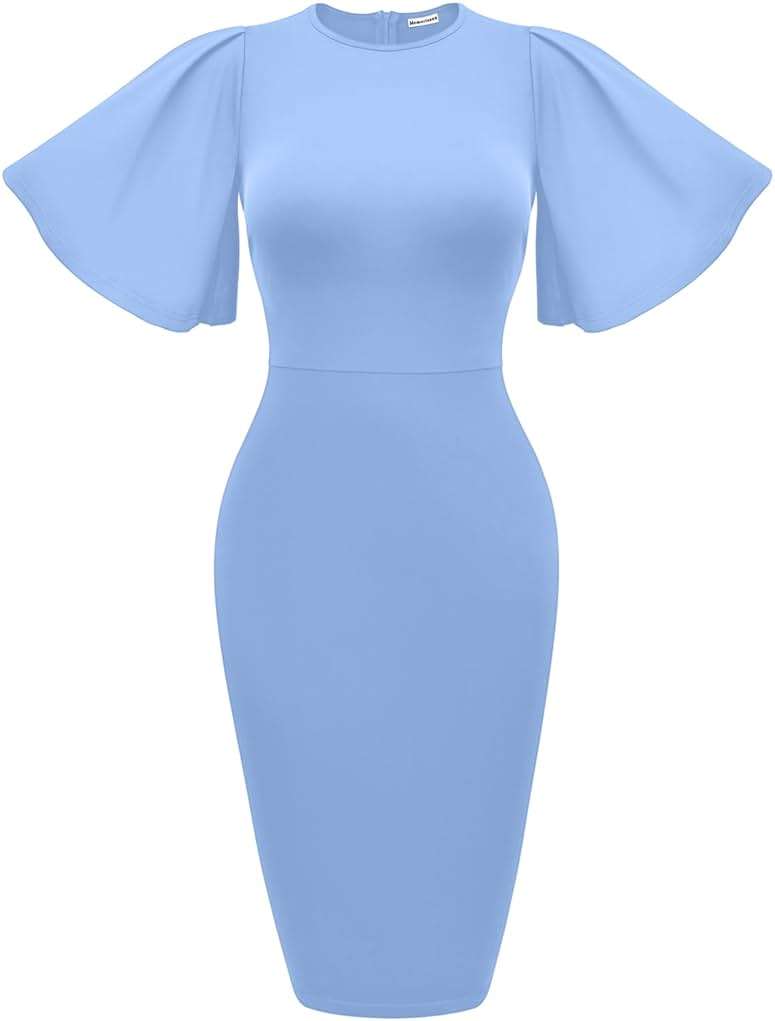 Memoriesea Women's Basic Bodycon Ruffle Flared Short Sleeve Pencil Midi Dress - Image 1