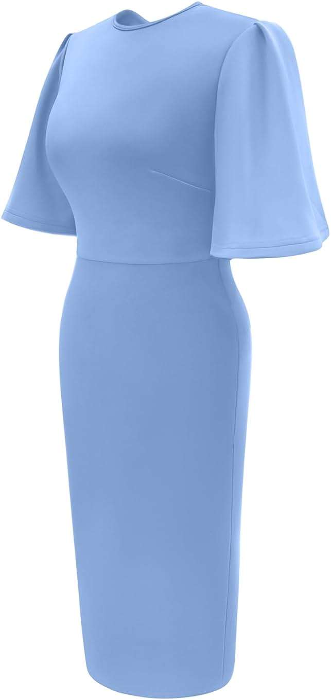 Memoriesea Women's Basic Bodycon Ruffle Flared Short Sleeve Pencil Midi Dress - Image 2