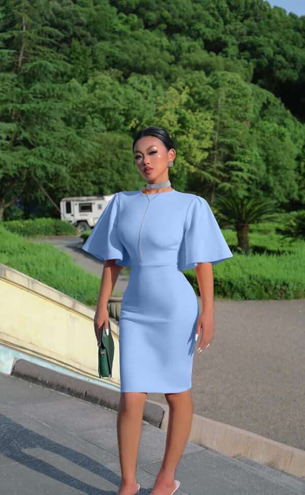 Memoriesea Women's Basic Bodycon Ruffle Flared Short Sleeve Pencil Midi Dress - Image 3