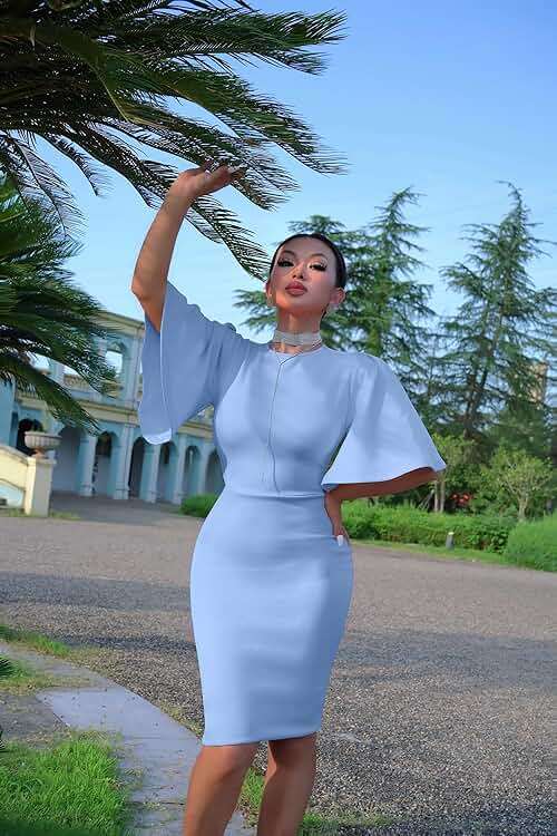 Memoriesea Women's Basic Bodycon Ruffle Flared Short Sleeve Pencil Midi Dress - Image 4