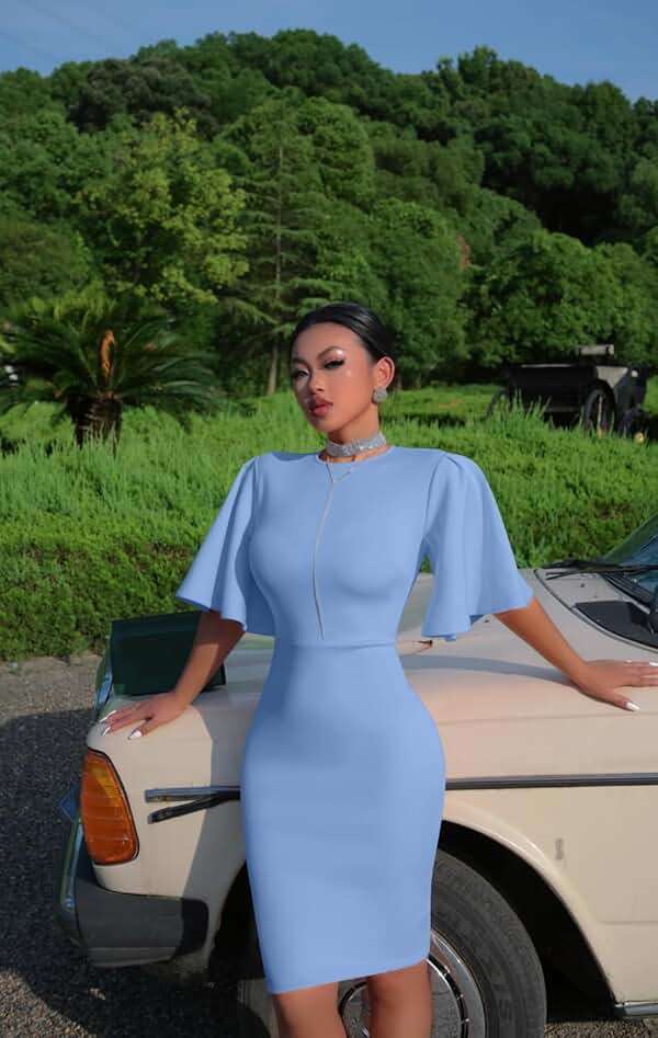 Memoriesea Women's Basic Bodycon Ruffle Flared Short Sleeve Pencil Midi Dress - Image 5