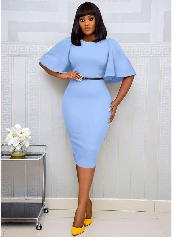 Memoriesea Women's Basic Bodycon Ruffle Flared Short Sleeve Pencil Midi Dress - Image 6