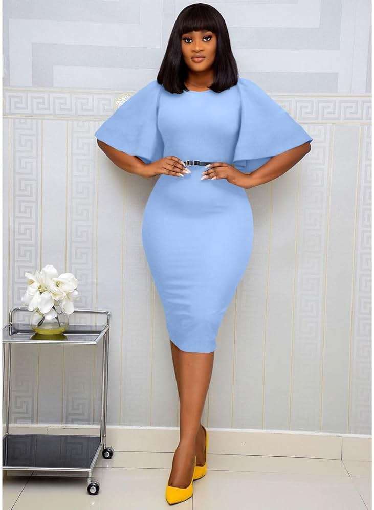 Memoriesea Women's Basic Bodycon Ruffle Flared Short Sleeve Pencil Midi Dress - Image 7